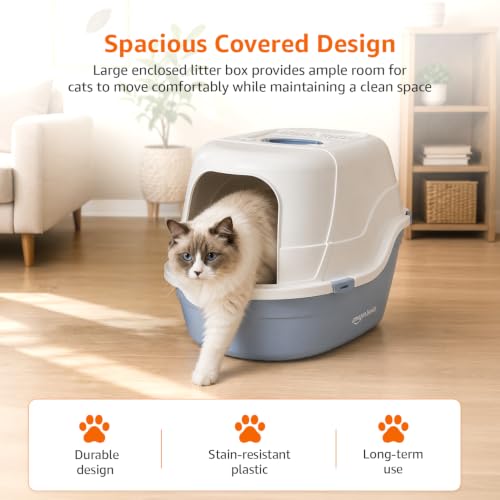 Image of Amazon Basics No-Mess Enclosed Cat Litter Box | Hooded Cat Washroom with Privacy Door | Blue + White | 42 X 49 X 63 cm| Suitable for Kittens & Adult Cats