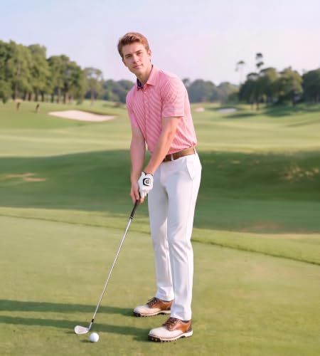 Image of Golf Shirts for Men - Dry Fit Moisture Wicking Short Sleeve Performance Sport Casual Striped Collared Mens Polo Shirt