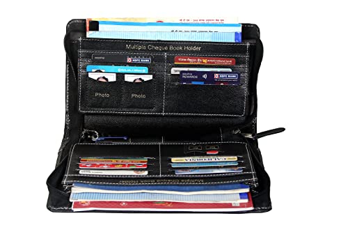 Image of Sukeshcraft Cheque Book Holder for 8 Cheque Books | Multi-Pocket Rexine Organizer I Locker Key Holder | Handy 6.25 x 10.80 x 1.80 inch. Size (Rexine - Black)
