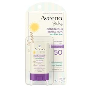 Aveeno Baby Continuous Protection Mineral Sunscreen Stick for Sensitive Skin with Broad Spectrum SPF 50 Protection for Face & Body, Naturally Sourced 100% Zinc Oxide, Travel Size, 0.47 oz