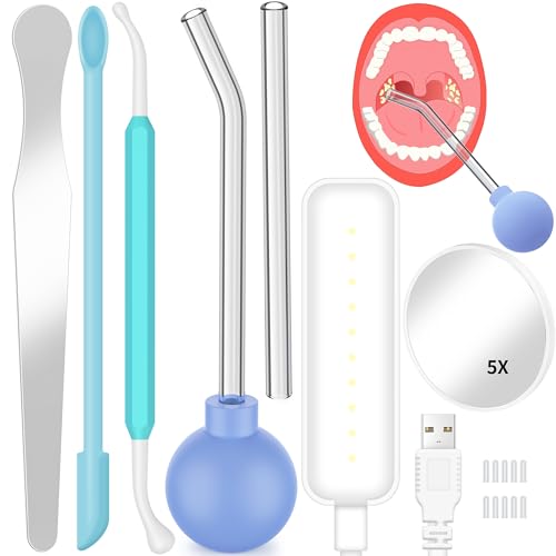 Tonsil Stone Remover Vacuum Tonsil Stone Removal Kit Tonsil Stone Cupping Tool with Tongue Depressor, 5X Magnifying Mirror, Oral Lamp - 9 Pieces