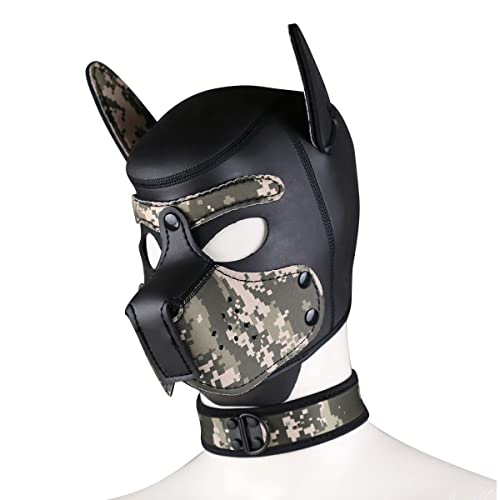 Dog Mask with Collar, Soft Latex Petplay Dog Mask with Ears, Puppy Mask, Dog Masks, Removable Mouth, Suitable for Halloween, Holiday Party (XL, Camouflage)