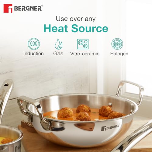 Image of Bergner TriPro 3 Pcs Tri-Ply Stainless Steel Induction Bottom Cookware Set - 22cm (2L) Kadai and 22cm (1L) Frypan, 14cm (1.1L) Teapan, Less Oil Use, Easy to Clean - Induction and Gas Stove Ready