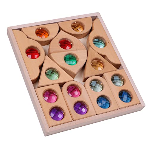 Image of 12PCS Acrylic Gem Fairytale Windows Blocks,Translucent Cubes Stacking Toys, Sparkling Acrylic Toy Wooden Stacking Blocks,Open Ended Play Montessori Educational Wooden Toys