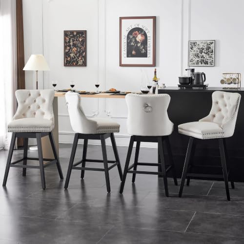 Image of Beige Swivel Bar Stools, Velvet Counter Height Bar Stools Set of 4