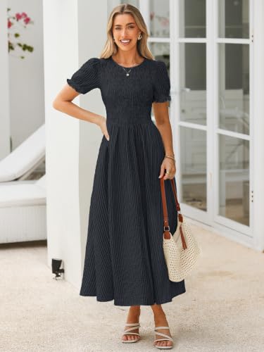 Simplee Womens Summer Casual Midi Dress Striped Smocked Puff Sleeve High Waist A Line Boho Beach Vacation Dresses with Pockets Black XL — view 6