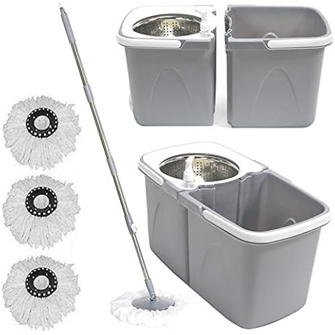 Gr8 Home Grey Space Saving 360° Dual Duo Floor Spin Mop Dispenser Bucket Set Spinning Rotating with 3 Cleaning Dry Heads Cover