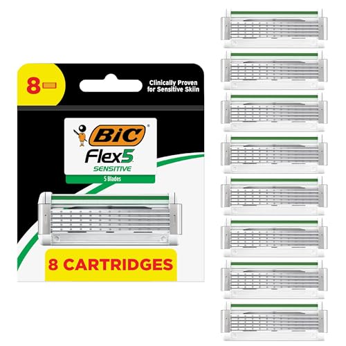 BIC Flex 5 Sensitive Mens 5-Blade Razor Refills Clincally Proven for Sensitive Skin 8 Refill Cartridges 8-Pack