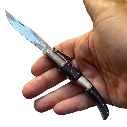 ADCSHOP navaja tipo Árabe de carraca 18.50 cm. -hoja 8.20 cm acero 3Cr13Mov espejado – mango stamina azul 10,30 cm – peso 63 grs - Bushcraft Ideal para Portabilidad y Uso Diario