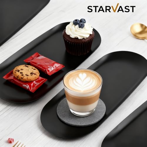 STARVAST 6 Stück Tablett - Deko Tablett Schwarz - Edelstahl-Deko Tablett - 23 x 9,5 cm Oval - Tablett Serviertablett für Desserts, Kosmetik, Schmuck, Kerzen, Schlüssel