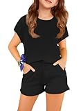 Haloumoning Girls Summer Outfits Casual Lounge Set Cap Sleeve T Shirt and Elastic Waist Shorts 2 Piece Clothing Sets, Black, 9-10 Years