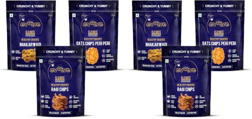 Image of Evolve Combo Healthy Snacks for Kids, Adults | Baked Bhakarwadi, Ragi and Oats Chips | Vacuum Fried, No Artificial Colors & Preservatives - Pack of 6 (100g Each)
