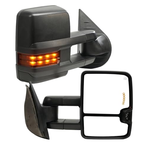 Perfit Zone Towing Mirrors for 1999-2002 Chevy Silverado Tahoe GMC Sierra Yukon XL 1500 2500 HD 3500 Power Heated Amber Turn Signal Clearance Lamp Black Pair Set Replacement LH RH Driver Passenger
