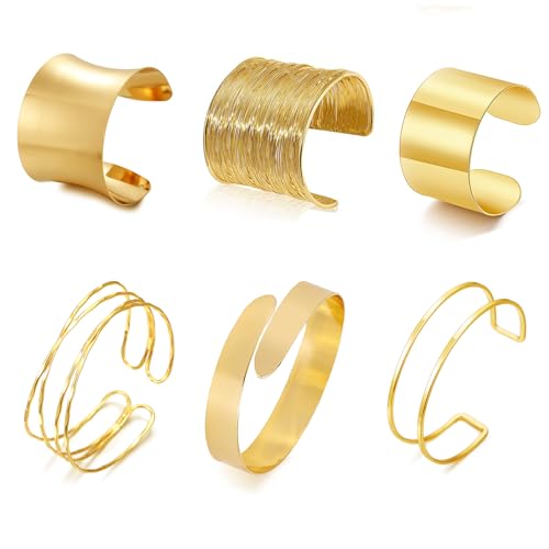 YVVLEE 6PCS Chunky Gold Cuff Bracelets for Women Open Gold Statement Bangle Bracelets Set Upper Arm Cuff Bracelets Set Punk Jewelry