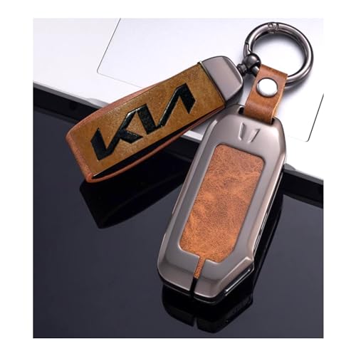 Image of Zinc Metal Alloy Leather Car Key Cover & Case Brown with Keychain & Holder Compatible for KIA Seltos, Sonet, Carens (4 Button Push Smart Key)