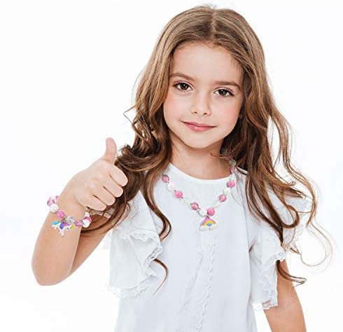 Girls Rainbow Neckace Unicorn Bracelet Set,Unicorn Jewellery,Great Costume Jewelry for Children Pretend and Dress Up-Pink