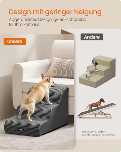 Feandrea Hundetreppe, 3 Stufen, Cord mit Querstreifen, Haustiertreppe, für Bett, Sofa, wasserdicht, rutschfest, geringe Neigung, Abnehmbarer waschbarer Bezug, Griff, schiefergrau PPS003GN01