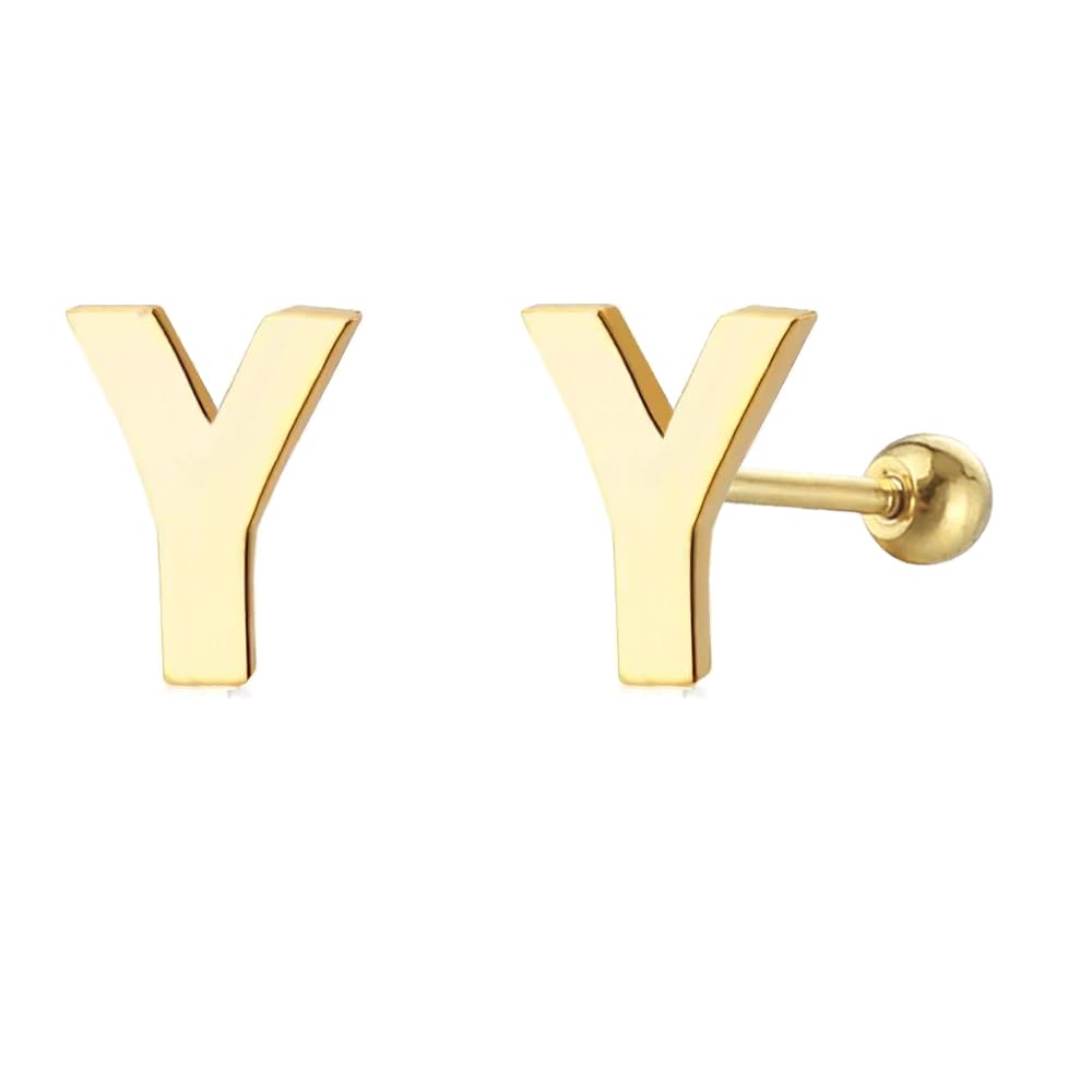 18G Tiny Initial Stud Earrings for Women Girls 925 Sterling Silver 14K Gold Plated Hypoallergenic Cute Small Alphabet Letter Cartilage Tragus 3mm Ball