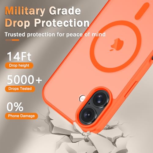Image of YENAPOON for iPhone 16 Plus Case, Matte Magnetic Phone Cover [with 1 Screen Protector] [Support for MagSafe] [Shockproof Military Grade Protection] Translucent Frosted Back, Orange