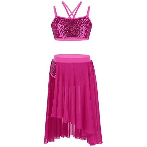 TiaoBug 2 Pieces Crop Top with Tulle Skirt Set Kids Girls Camisole Sequins Ballet Lyrical Latin Dress Dance Costume Rose Red 8-10 Years Cover