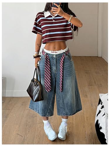 Image of RoseSeek Women's Preppy Striped Button Down Crop Tops Collar Neck T Shirt