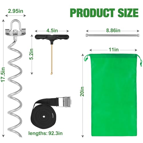 MIXXIDEA 17.5 Inch Gound Anchors Screw in, Metal Spiral Earth Anchors Kit, Heavy Duty Folding Ring Ground Stakes for Tent Trampolines, Garden Fence, Sheds, Swings (Silver, 17.5 Inch with 92in Strap)