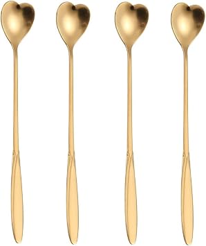 4-Piece Heart-Shaped Stainless Steel Coffee & Tea Spoon Set - 7 Inch Long Handle, Gold