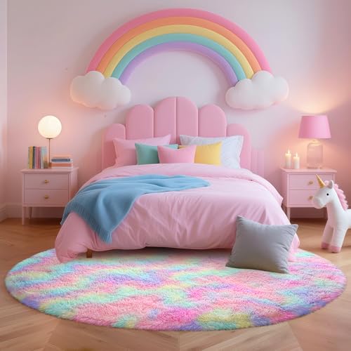 Rainbow Round Rug for Bedroom, 5Ft Fluffy Circle Area Rugs for Living Room, Shag Fuzzy Carpet for Kids Room, Nursery, Dorm, Classroom, Teen, Cute Baby Play Mat Home Decor Aesthetic
