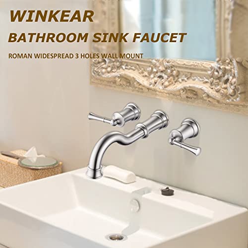Winkear Wall Mount Bathroom Sink Faucet 3 Hole Brushed Nickel 2 Lever Handles 8 Inch Widespread Lavatory Faucet 360° Swivel Spout Brass Rough-In Included #TOP1