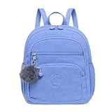 Mini Mochila Feminina de Nylon Impermeável, Extremamente Leve e Resistente a Água, Mochila Pequena com Pompom, Mochilinha Versátil com 4 Zíperes (Azul Pastel)
