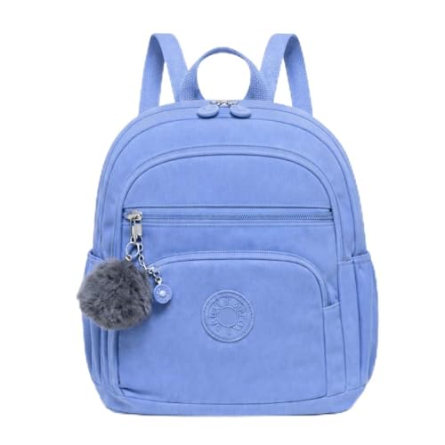 Mini Mochila Feminina de Nylon Impermeável, Extremamente Leve e Resistente a Água, Mochila Pequena com Pompom, Mochilinha Versátil com 4 Zíperes (Azul Pastel)