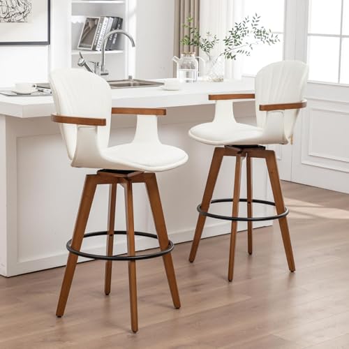 Image of LUNLING 30 inch Bar Height Stools Set of 3.Mid Century Modern Bar Stools,White PU Leather Kitchen Island Stools,Wood High Barstools Swivel with Back and Arms for Home Bar Furniture