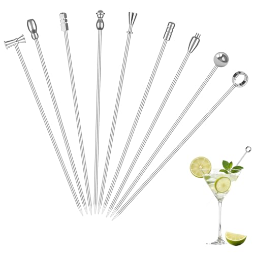 VelvetGlow Martini Cocktail Picks 9 Pcs, 4,1 pulgadas palillos de aceituna de acero inoxidable, palillos decorativos reutilizables para bebidas y aperitivos, accesorios de bar, pinchos de