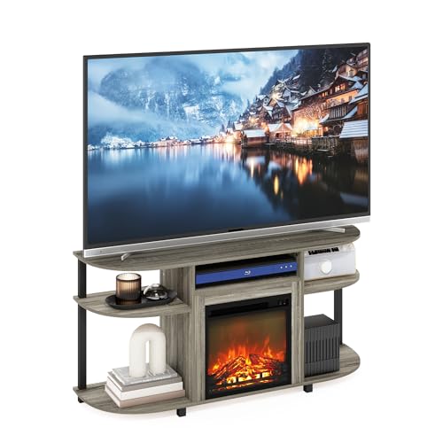 Image of Furinno Jensen Fireplace TV Stand, Curved Entertainment Center, TV Console for TV up to 55 Inch with Fireplace and Open Storage, for Living Room, Bedroom, French Oak Grey