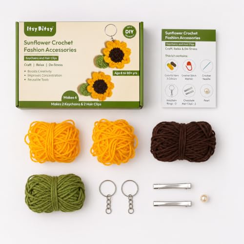 Image of Itsy Bitsy DIY Sunflower Crochet Fashion Accessories Kit Makes 4 | Beginner Crochet Craft Set | Make Sunflower Keychains Bag Charms Zipper Pulls | Complete DIY Hobby Gift Box