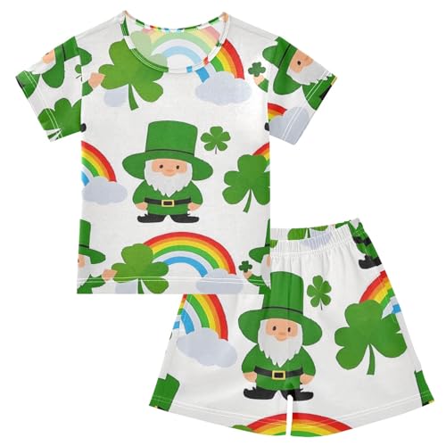 Summer Pajama Set Clover Rainbow Gnomes Pattern, Short Sleeve Sleepwear Nightwear