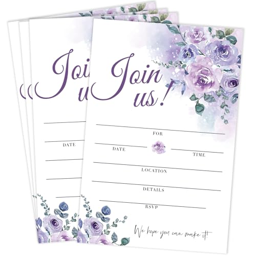 Bltgh Set of 25 Join Us Invitations with Envelopes, Purple Floral Bridal Invites for Mr & Mrs, Fill in Style Invites Cards for Wedding, Baby Shower, Birthday Engagement, Bridal Shower Party
