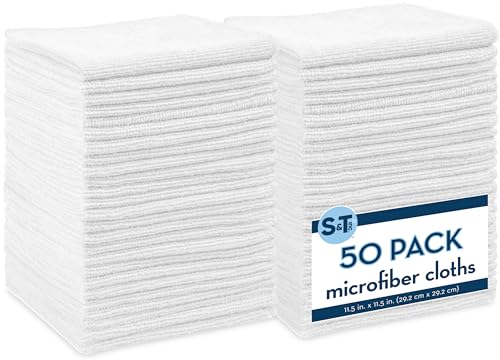 S&T INC. 50 Pack Microfiber Cleaning Cloth, Bulk Towels for Home, Reusable Microfiber Towels for Cars, Cleaning Rags, White, 11.5 Inches x 11.5 Inches, 50 Count