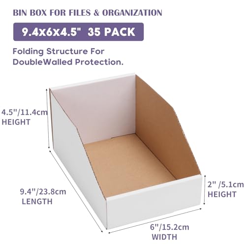 Image of EXYGLO Cardboard Storage Bins 35 Pack, 9.4x6x4.5 Inch Cardboard Boxes, Corrugated Organizer Bins for Pantry, Shelves, Garage, Office, Shop, White