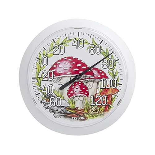 Taylor Forest Mushrooms Indoor Outdoor Dial Thermometer, Wireless Thermometer with Easy to Read Numbers for Patio, Pool, Garage and Indoor Areas, 8.5-inch, White