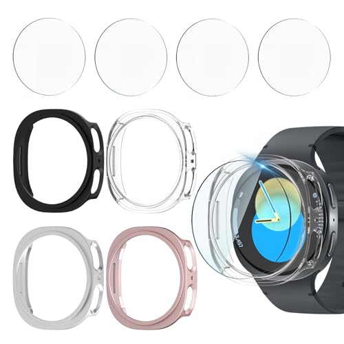 Jvchengxi 4+4Pezzi Cover 40mm per Samsung Galaxy Watch 8 Pellicola Protettiva, AntiGraffio PC Custodia + HD Vetro Temperato Protezione Schermo Protezioni Case (Nero+Argento+OroRosa+Chiaro)
