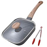 Foorey Home Grill Pan with Lid Non Stick Griddle Pan for Stove Top Indoor Cooking Steak Pan Square Aluminum Skillet Grilling Induction Compatible with Tong Gray 7.48 inches