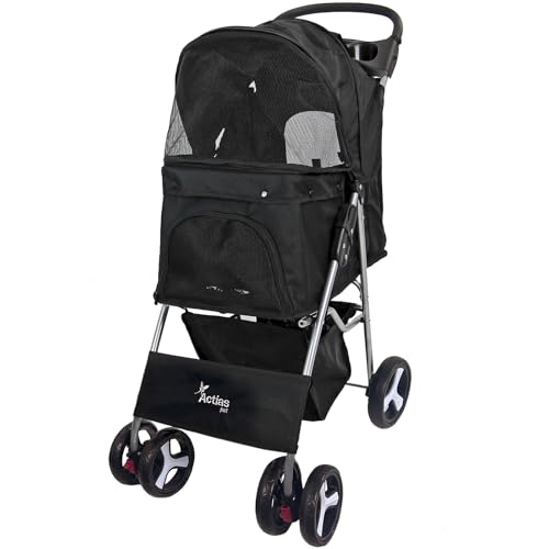 Actiaspet - Foldable Pet Stroller with Swivel Wheels | 15kg Carrying Capacity Collapsable Pet Push Chair Buggy (Black, Stroller)