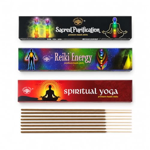 Image of Green Tree Premium Masala Incense Sticks Set, Spiritual Yoga, Reiki Energy & Sacred Purification, 3 Boxes, 36 Sticks