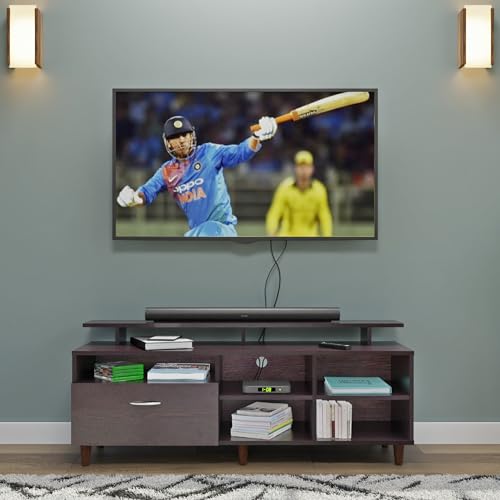 Image of VIKI Modern TV Unit for Living Room | Engineered Wood TV Cabinet with 1 Drawer Storage, 2 Open Shelves & Extension, Entertainment Unit, 140W x 48H x 40D cm | DIY | 1 Year Warranty (Wenge)