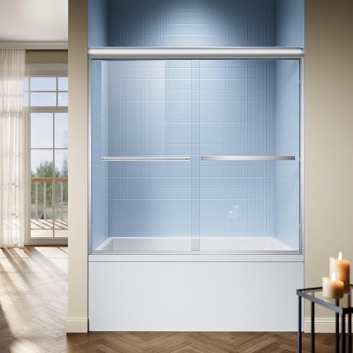 AquivaCoast 56-60″x 58″ Semi-Frameless Sliding Bathtub Shower Door, 1/4\" (6mm) Tempered Glass, Easy to Clean, Double Sliding Bypass Glass Tub Shower Doors, Brushed Nickel