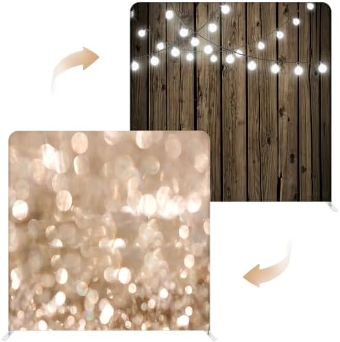 Oudain 8 x 8 ft Photo Booth Backdrop Rustic Wood&Champagne Glitter Tension Fabric Wedding Photo Booth Backdrop Double Sided Tension, Fabric Only, No Frame for Graduation Wedding Trade Photography