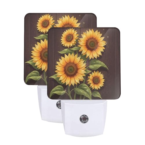 Image of Futterya Plug-in LED Night Light, Sunflower Botanical Wooden Background Set of 2 Dusk-to-Dawn Auto Sensor Decor Lamp