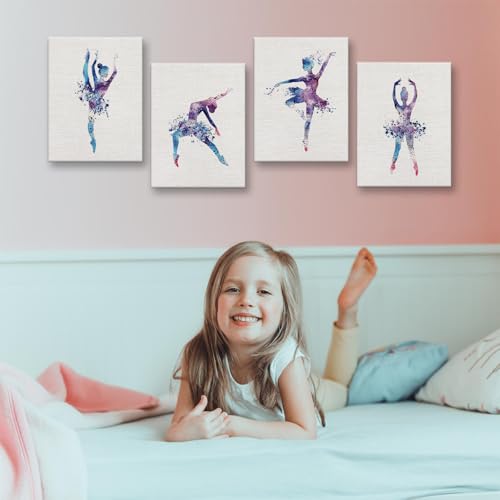Image of Watercolor Ballet Prints Ballerina Dancer Elegant Dance Gifts for Girls Birthday Canvas Wall Art Dancing Girls Room Decor Women Bedroom Wall Decor Colorful Classroom Posters,4PCS,Framed,8x10IN