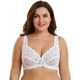 reshmena® Underwired Womens Lace Bra, Women's Push Up Bra Full Coverage Soft Cups Floral Lace Women Non-Padded Bra with Adjustable Straps Womens Everyday Bralette 42DD White
